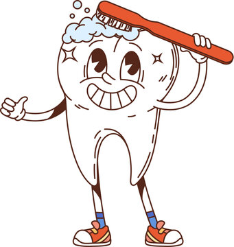 Cartoon groovy tooth medicine and health character smiling and brushing its head with toothbrush, giving a thumbs up, retro y2k personage promotes dental hygiene, oral health, and tooth care for kids