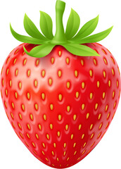 3d realistic raw ripe strawberry fruit showcase vibrant red color and textured seeds, with fresh green leaves. Isolated vector fresh garden berry, healthy summer food with glossy skin and juicy flavor