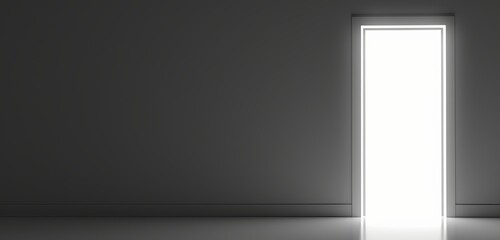 White door slightly ajar illuminated by soft light on the right side, standing against a gray background, concept of openness