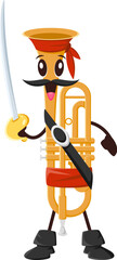 Cartoon trumpet musical instrument pirate and corsair character with a sword, bandana, and boots, exudes playful sea adventure and musical charm. Brass pipe rover personage ready for music performance