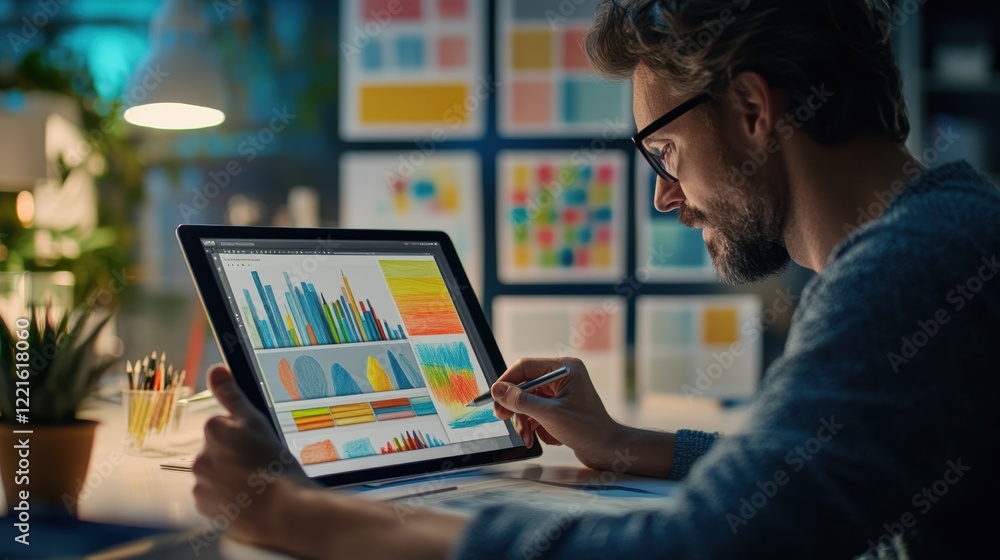 Poster a focused man analyzes data on a laptop, viewing a chart that reflects trends and insights in a prof