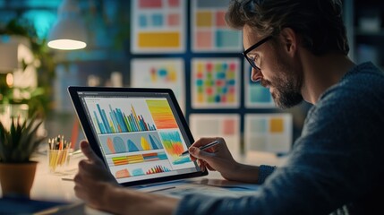 A focused man analyzes data on a laptop, viewing a chart that reflects trends and insights in a professional setting.