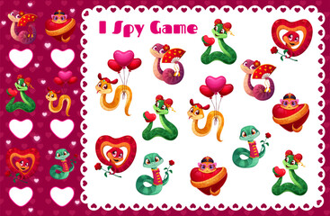 Valentines day snakes, I spy game worksheet. Vector kids riddle with cute and charming reptile characters adorned with hearts, roses and balloons. Winter holiday educational learning activity puzzle