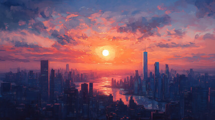 Vibrant City Skyline at Sunset with Colorful Clouds