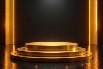 High-gloss gold podium on dark luxurious background with glowing lights, ambiance, shine