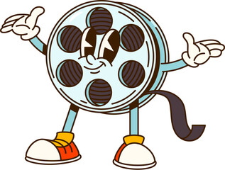 Cinema movie cartoon groovy film reel character. Cinema art vintage groovy vector personage. Cinematography festival cheerful mascot or video production industry retro film reel happy character