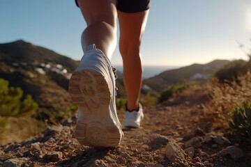 A person in athletic shoes is captured mid-stride on a rocky mountain path, portraying determination and the adventurous spirit of outdoor exploration in nature.