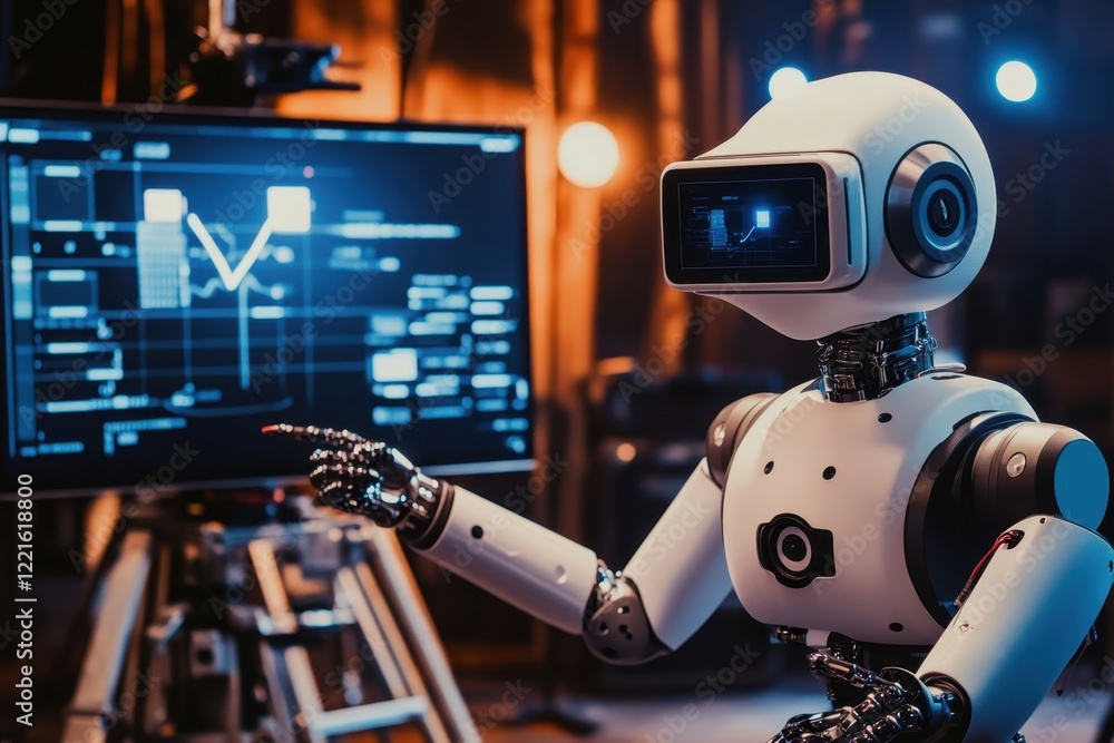 Poster robot analyzes data on a digital screen in a futuristic environment during evening hours