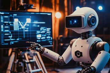 Robot analyzes data on a digital screen in a futuristic environment during evening hours