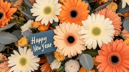 Happy New Year Floral Arrangement with Colorful Gerbera Daisies