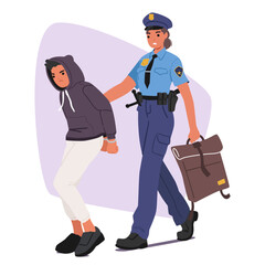 Woman police officer arresting teenage boy leading offender to police station cartoon scene
