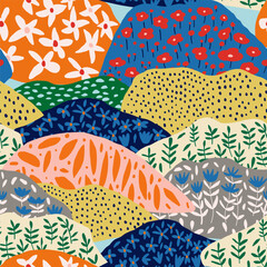 Abstract mountain landscape with intricate patchwork-style patterns. A modern, artistic composition perfect for backgrounds, wallpapers, textile designs, and creative projects with a geometric touch