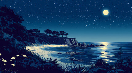 Starry night sky over secluded cove shimmering water reflections, stars, ocean, shoreline, landscape, nature, beauty, calm, horizon, coast, bay, dusk. Moonlit Cove. Illustration