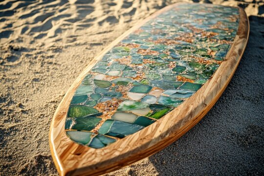 Unique surfboard crafted from recycled glass sits on sandy beach at sunset
