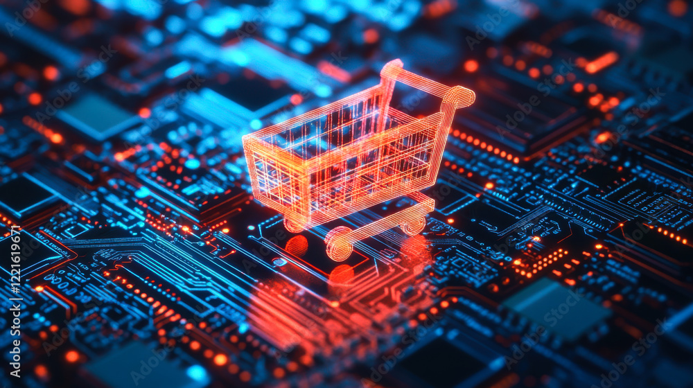 Poster digital shopping cart illustration on abstract circuit board background with glowing elements and vi