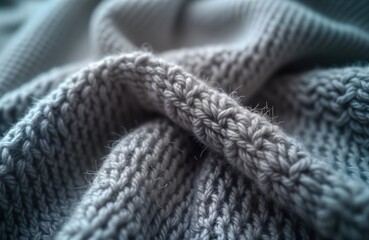 Close-up view of gray knitted fabric. Texture of knitwear shows intricate pattern. Detailed structure of fabric. Cozy, comfortable material. High-quality handmade textile. Stylish grey material.