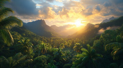 Lush Tropical Forest Sunset Landscape with Golden Hour Light