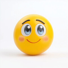 Shy yellow emoji with wide sparkling eyes, a small blush, and a bashful smile, radiating cuteness, innocence, and timidity, isolated on white
