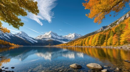 Obraz premium Crystal-clear lake reflecting snow-capped mountains and vibrant autumn trees under a bright blue sky. The rocky shoreline adds a natural, serene touch to this picturesque autumn scene.