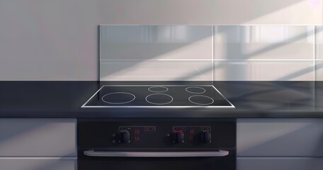 With a black ceramic cooktop and a transparent glass oven door, this realistic modern kitchen cooker set shows an electric stove, Generative AI.