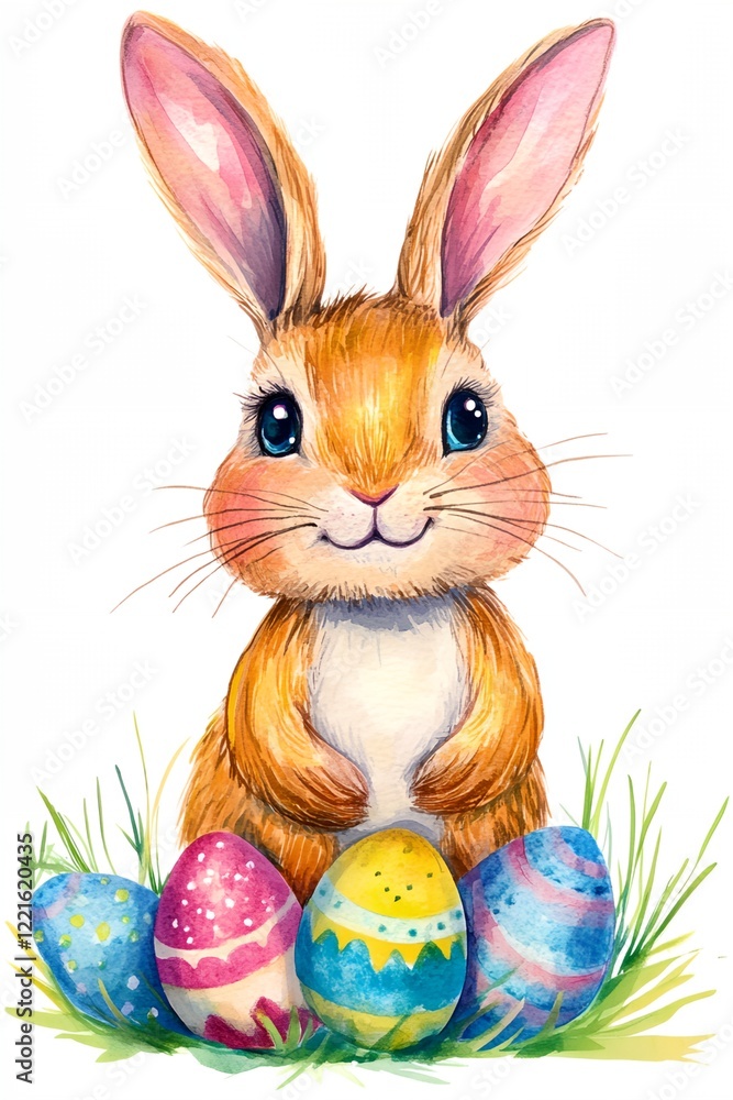 Aufkleber rabbit is sitting on a field of grass with three eggs in front of it