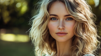 Naklejka premium Young woman with wavy hair enjoys sunny outdoor setting in soft natural light on a beautiful day