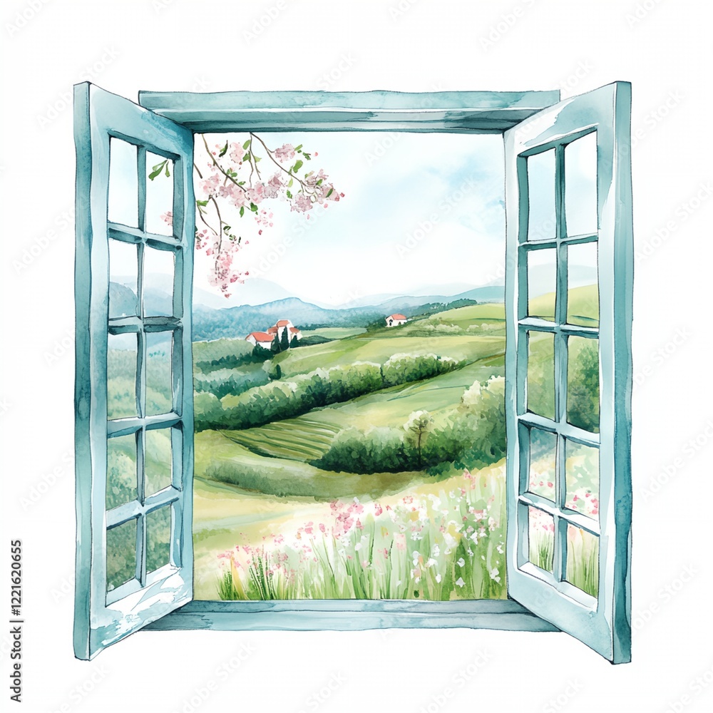 Poster window with a view of a green field and a house in the distance