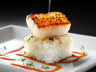 A sleek fine-dining setup with a plate of seared scallops on a bed of risotto, drizzled with a delicate reduction sauce, all under elegant, soft spotlighting.