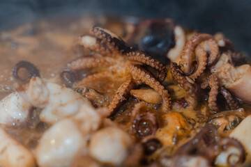 Seafood. Octopus is fried in a frying pan. Close-up.