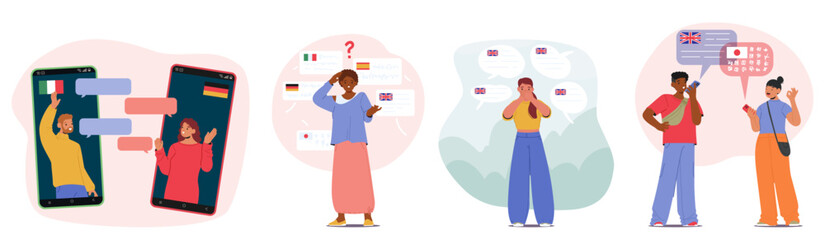 People overcoming language barrier using translator application or searching online services © Anna Syvak