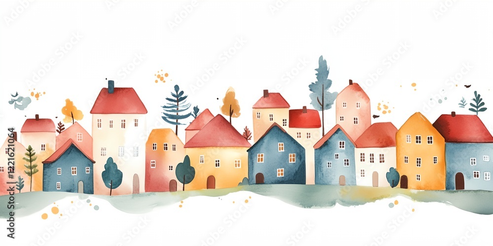 Poster row of colorful houses with a tree in the middle