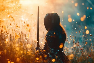 Silhouetted warrior holding sword in a sunlit meadow filled with wildflowers