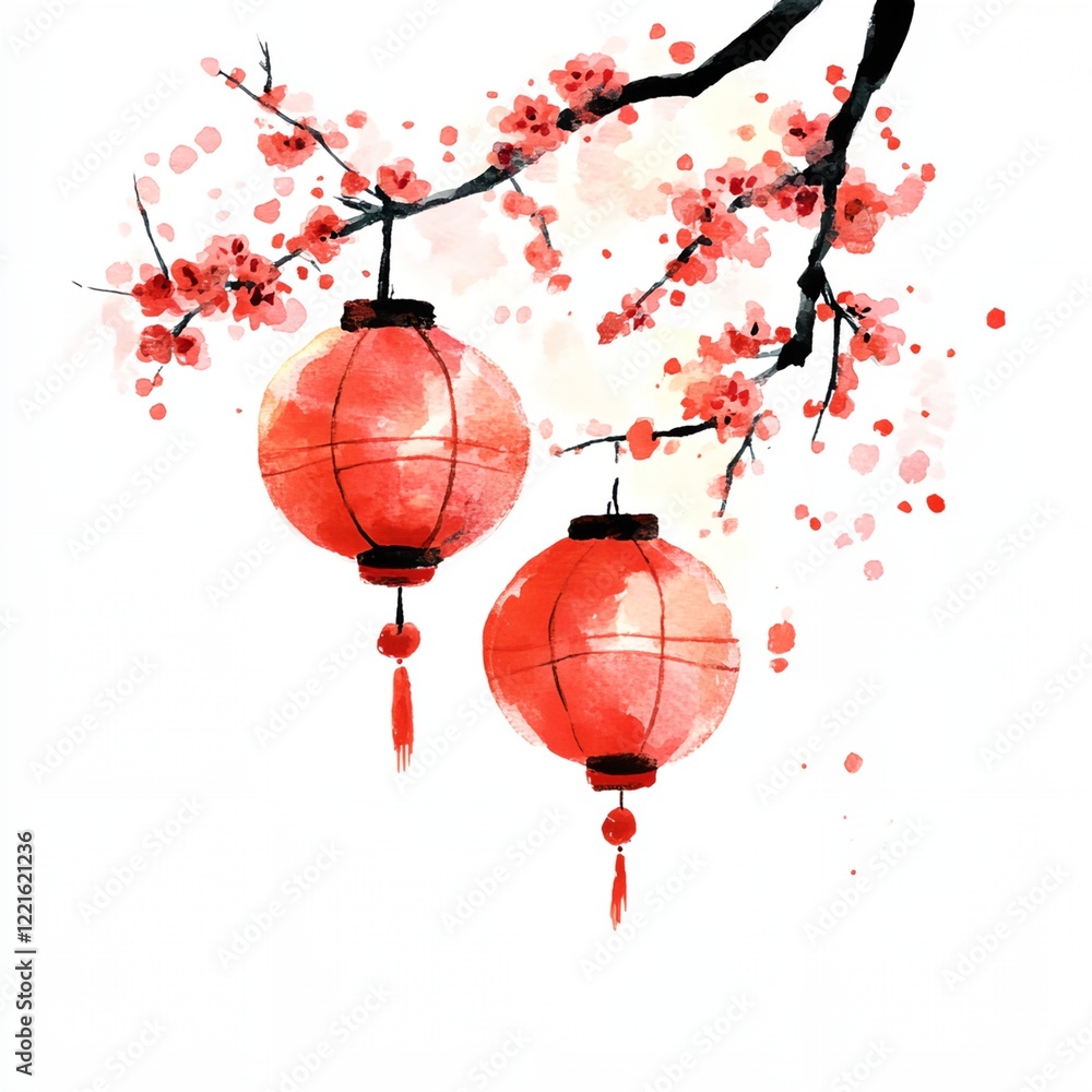 Poster two red lanterns hanging from a tree branch