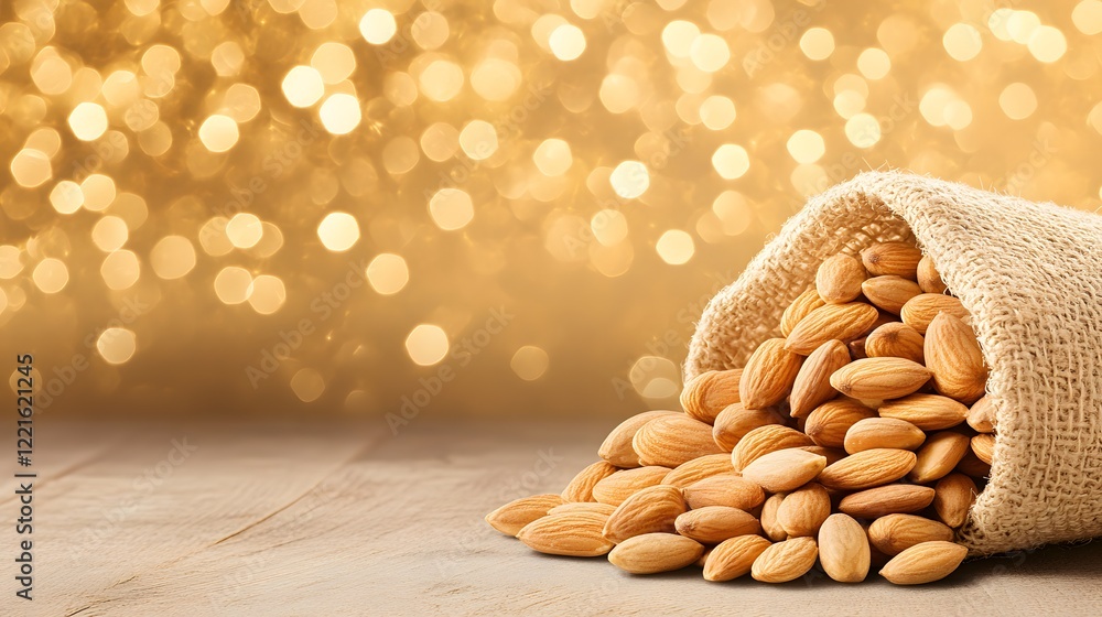 Poster Almonds in Burlap Sack with Golden Bokeh Background