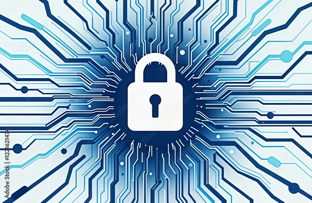 Poster digital abstract graphic shows white padlock icon surrounded by blue digital lines. abstract tech de