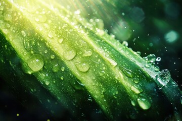 Close-up view of a vibrant green leaf with water droplets reflecting sunlight in nature