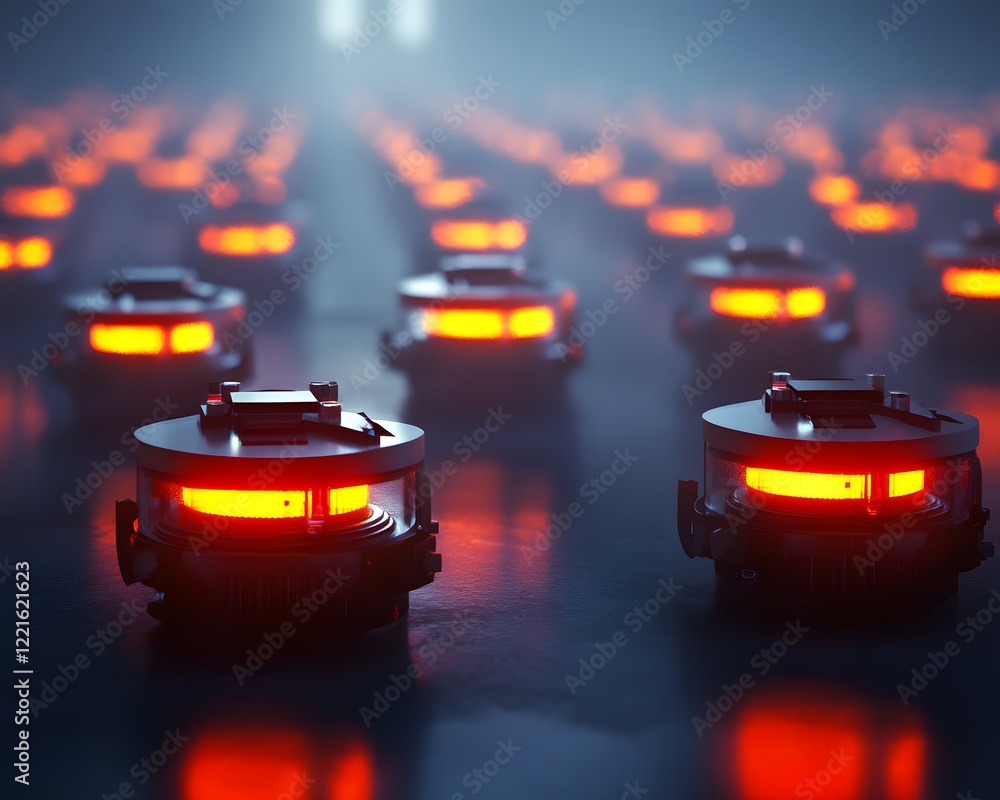 Poster a futuristic scene showcasing sleek robots with glowing lights in a high-tech environment for scienc