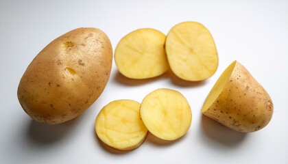 Fresh potatoes, whole and sliced, ready for cooking.