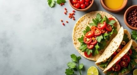 Three tortillas with tomatoes, corn, and cilantro sauce