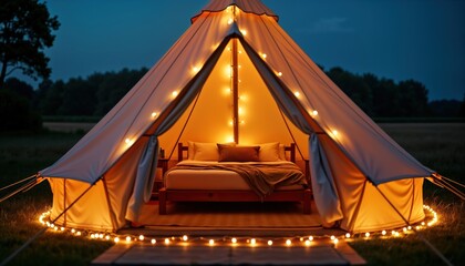 Romantic glamping tent at night. Cozy bed inside warm light. Fairy lights decorate tent. Peaceful rural setting. Perfect for couples retreat. Camping experience. Scenic countryside. Ideal for