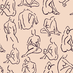 Seamless pattern featuring sketchy silhouettes of men and women in a Renaissance-inspired outline style on a beige background. Ideal for artistic projects, wallpapers, and fashion or decor designs
