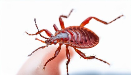 Close-up of a reddish-brown insect on a finger.