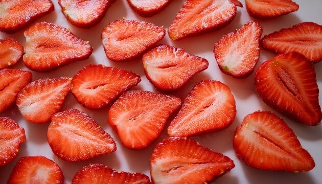 Close-up of juicy sliced strawberries. Perfect for summer recipes and desserts.