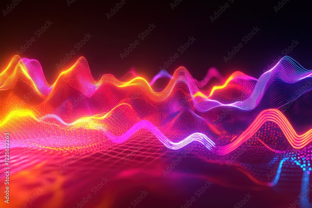 Poster colorful wave patterns create a dynamic visual representation of sound frequencies at night