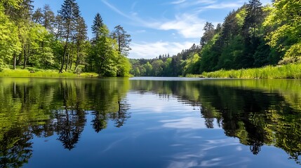 Serene lake reflection, green forest, sunny day, nature scene