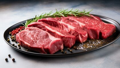 Fototapeta premium Close-up of raw beef steaks seasoned with peppercorns and rosemary.
