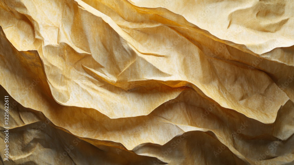 Poster textured paper with intricate folds and warm tones showcased in a close-up setting