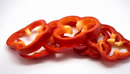 Sliced red bell peppers on white background.  Vibrant, fresh, healthy.