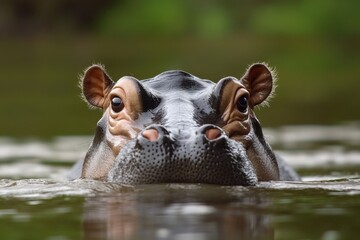 Fototapeta premium Hippo swimming in tranquil water with ears and eyes visible during daylight