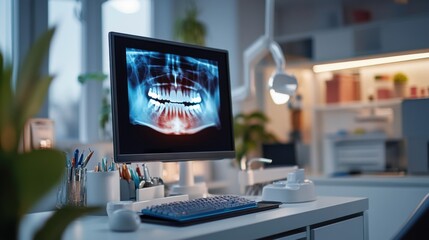 Fototapeta premium Dental Office Workspace with Modern Computer Displaying X-ray Image of Human Teeth and Jaw Close-Up